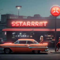 Ultra Realistic retro sci-fi afire Supermarket parking scene, 1960 year, many people running. blonde woman, sweet scarlet Johansson face, perfect iris, glow eyes, face makeup, tight latex coat; many panic people, Retro sci-fi style, soft color, highly detailed, unreal engine 5, ray tracing, RTX, lumen lighting, ultra detail, volumetric lighting, 3d, finely drawn, high definition, high resolution.