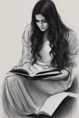 Pencil sketch of Young woman, Arab features,sad, long wavy hair, reading a book, full body، on lined paper