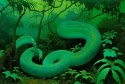 A teal jungle with serpents painted by Birge Harrison