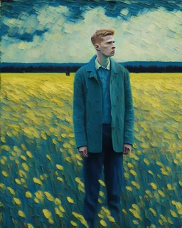 a young man standing in a field by Van Gogh