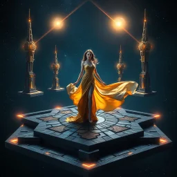 A breathtaking cosmic fantasy scene featuring a stunningly realistic beautiful woman with a perfect face and sculpted figure standing gracefully at the center of a floating geometric platform in deep space. She wears an elegant flowing gown in vibrant gold and blue hues that billow around her perfect form. The platform is constructed from dark cobblestone-like blocks arranged in a star shape. Surrounding her are magnificent CIFI towers like structures,satelights