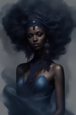 hot worrior woman of water , with mixing a ant style accessories and fashion and hairstyle, belly,ornaments hair,sparkle ,candels,realistic,portrait,a hauntingly beautiful masterpiece emerges from the depths of darkness: an ethereal, noir-inspired portrait of a figure brown skin shrouded in misty shades of midnight blue and smoky charcoal, exuding a sense of mysterious allure and captivating the viewer with its enigmatic gaze