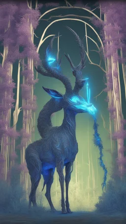 Dark forest, fantasy forest, gazelle with blue neon Crystal horns , intricate details, highly detailed, dreamshaper finetuned model with dynamic art style witg