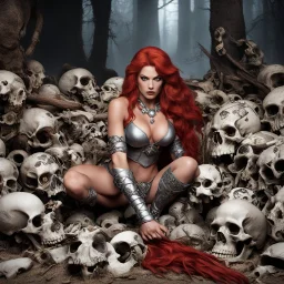 [high res photo by Moritat] Red Sonja poised on hands and knees surrounded by bones and skulls