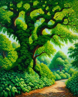 árboles verdes grandes y frondosos, calidad ultra, hiperdetallado, 12K, pintura al óleo impresionista maximalista