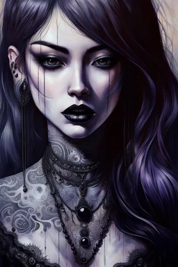 painting of a woman with dark purple-black long hair and black tattoos on her body, a cold, indifferent expression, silver and black onyx jewelry, black lace dress, cybernetics, crepy stunning anthropomorphic female, Minjae Lee vibe, cbybernetic and etheral human, ancient deity, by Vincent Lefevre and Yoshitaka Amano