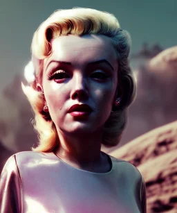 Ultra Realistic retro sci-fi 1960 scene, waist up view portrait, blonde woman, sweet young Marilyn Monroe face, perfect iris, tight latex coat, Strange planet background, Retro sci-fi style glass helmet, sphere dron, fog, rain, soft color, highly detailed, unreal engine 5, ray tracing, RTX, lumen lighting, ultra detail, volumetric lighting, 3d, finely drawn, high definition, high resolution.