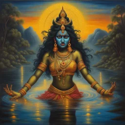 An oil painting of goddess Kali crossing a lake, neon gold colors, high detail eyes,