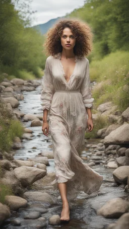 full body shot of a very beautiful lady curly hair, walks in the country side with a narrow river with clean water and nice rocks on floor. The trees and wild flowers .