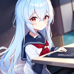 Clear focus, High resolution, long fluffy light blue hair, hair between eyes, long locks, wearing a sailor uniform, wearing a sailor skirt, long black socks, 1girl, cartoon, cute, UNFOTABLE studio, red tie