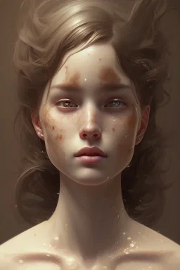 Boy, cute, brown hair, brown eyes, freckles,, head and shoulders portrait, 8k resolution concept art portrait by Greg Rutkowski, Artgerm, WLOP, Alphonse Mucha dynamic lighting hyperdetailed intricately detailed Splash art trending on Artstation triadic colors