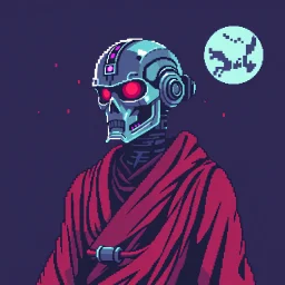 8 bit pixelart of a terminator like robot, synthwave colored, vaporware, budist monk robe