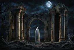 The solitary veiled figure draped in threads of decay standing at the midnight in moonlight next the Ruins, in backgrounde the luminous sinister moon, detailed, crepy stunning