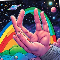 fantasy 90's tcg art of a rainbow card held by a hand in space