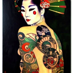 dibujo al oleo de cuerpo entero de una Geisha bella con tatuajes maorís estilo Gustav Klimt