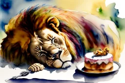 Lion is sleeping beside the rests of a birthday cake. Highly detailed, smooth colours, realistic landscape. Aquarell