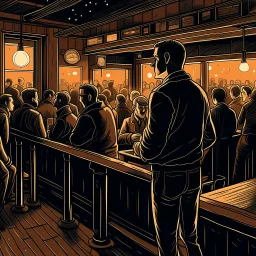 a single figure in a crowded bar at night