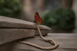 a butterfly trying to pull up a big stone on a staircase with a rope