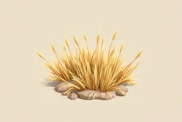 Isolated concept art of stylized alien dry grass on a plain neutral background. Simple low-poly design with minimal details, suitable for 3D modeling. The grass should look slightly alien — with unusual blade shapes, subtle color variations, and dry, brittle texture. Colors range from dusty yellow, ochre, muted green, and pale orange, blending naturally with desert or rocky terrain. No background, no shadows, clear separation of each grass clump, consistent lighting. Digital painting style