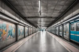a metro station in pastel concrete, its ground is in metal. There is a Gothic mural on the wall. This traveler is alone and seems so small inside the mural