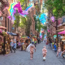 A magical street, a cobblestone street, shops and vendors on both sides of the street, unicorns on the street, little forest fairies flying, a minotaur eating ice cream, a baby gorgon playing soccer.