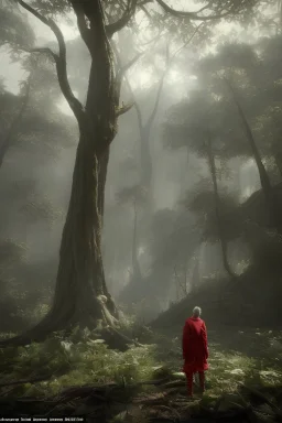 главный герой Данте в красном одеянии находится в жутком древнем лесу, огромные множество деревья, корни вылезающие из земли, что являются ирреальной смесью сомнений, страхов.