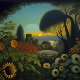 High definition photography of a marvelous landscape, trees, flowers, sun, intricate, atmosphere of a Max Ernst painting, Henri Rousseau, thoughtful, interesting, a bit appalling, smooth