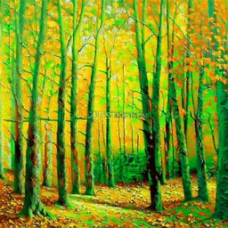 Bosque otoño árboles hojas verdes colores contrastantes hiperdetallado pintura al óleo renacentista obra de arte