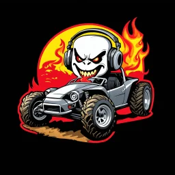 A logo for a rock band inspired by the styles of Ed "Big Daddy" Roth, graffiti art. sinister, evil marshmallow head with headphones in a dune buggy. The marshmallow head is breathing red flames. The background is dark.