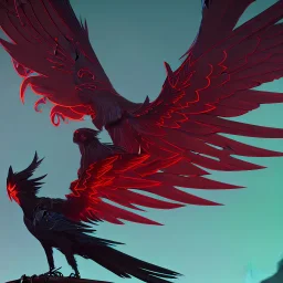 a detailed illustration of a black and red phoenix sitting on a branch of a tree, phoenix wallpaper, luminescent body, glinting wings, full body, symmetrical body, realistic, glowing wings, sharp focus, meticulously detailed, soft evening sky, 64k