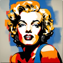 Marylin Monroe looking straight in camera, in red, blue and orange, painted by a street artist expressionist style