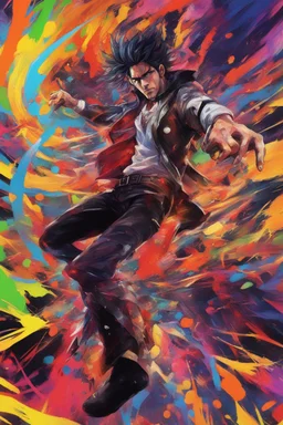 Man Going crazy, chaos, realistic, high quality, abstract, clashing colours, anime style