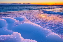 Honolulu Hawaii beach covered in winter snow and ice at sunset