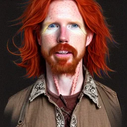 Portrait of Courtney Gains as a ruggedly handsome but joyful roguish pirate, charismatic, attractive male, masculine, perfect, precisely detailed, lightly freckled face, meticulously detailed multi-hued ginger carrot colored cherry fire red hair; Malachai of the corn; fantasy, intricate, elegant, highly detailed, digital painting, artstation, concept art, matte, sharp focus, illustration, art by artgerm and greg rutkowski and alphonse mucha