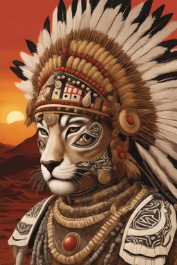 Striking portrait of Nantli warrior as anthropomorphic puma, adorned with intricately designed traditional armor and headdress. His face, painted with black and white patterns, radiates a fierce and determined expression. A red sun adorns his headdress, symbolizing strength and power. The background, a vast, golden desert landscape, with a sun setting behind some rocky outcrops. 8k