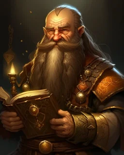 Stout dwarf merchant with thick braided brown beard adorned with gold beads. Sharp eyes, robust build. Quality merchant clothes. Carrying merchant ledger and gem samples. Battle axe on back. Medieval fantasy style, warm lighting.