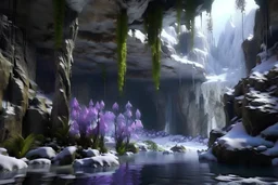 Crear un paisaje fotorrealista de invierno, con cavernas con agua, con estalactitas donde crece una flor de orquídea color lila