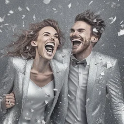 photograph of A happy man and woman with silver confetti and silver outfit