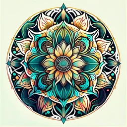 logo in a style of Mandala. Round. The logo depicts a mystical botanical motive. Thin lines. Ornament. rich colors