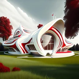 Casa campestre estilo Zaha Hadid obra de arte detallada color blanco crema y rojo imperial arte digital impactante hiperrealista 8k