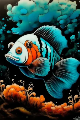 A blackish teal water elemental clownfish painted by Antoni Gaudi