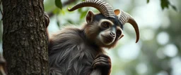 close up on member of monkey sloth vampire goat flock climbing trees