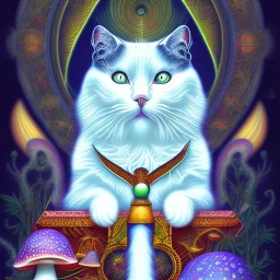 mystical white cat sits on a psychedelic mushroom