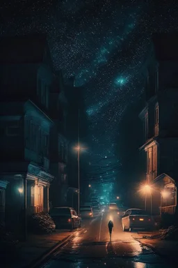 City, darkness, lamps, light, person, houses, stars, road, dim light, cars