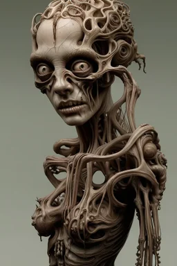 sculpture of beautiful girl with long curly hair , half the body , front view . decayed and rotting with grotesque proportions and imagery. grotesqueries, detailed texture, surreal horror, biomechanical design, by hr giger and beksinski