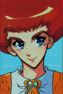 1girl, retro anime, 80's, redhead,Portrait of beautiful woman, sparkling dark blue eyes,
