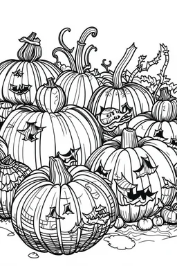 A spooky pumpkin patch with Jack-o'-lanterns of different sizes . Outline, sketch style, only use outline, mandala style, clean line art, white background, no shadows, no clear wall, coloring page.