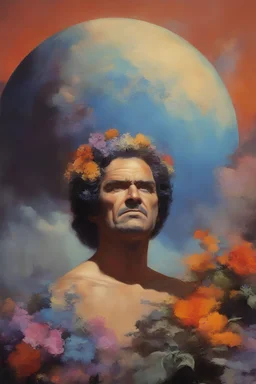 mugshot, Planet of the Vulcans, multicolored, large, floral designs, atmospheric, beautiful, oil painting by Frank Frazetta, 4k UHD, Photorealistic, professional quality