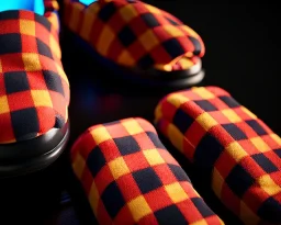 Red plaid slippers on black bearskin rug,log cabin walls, stone fireplace