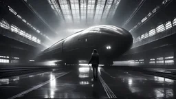 girl waving as sci-fi futuristic bullet train departing inside dark, wet, mysterious gigantic old futuristic sci-fi hangar, very high ceiling, photographic, black and white